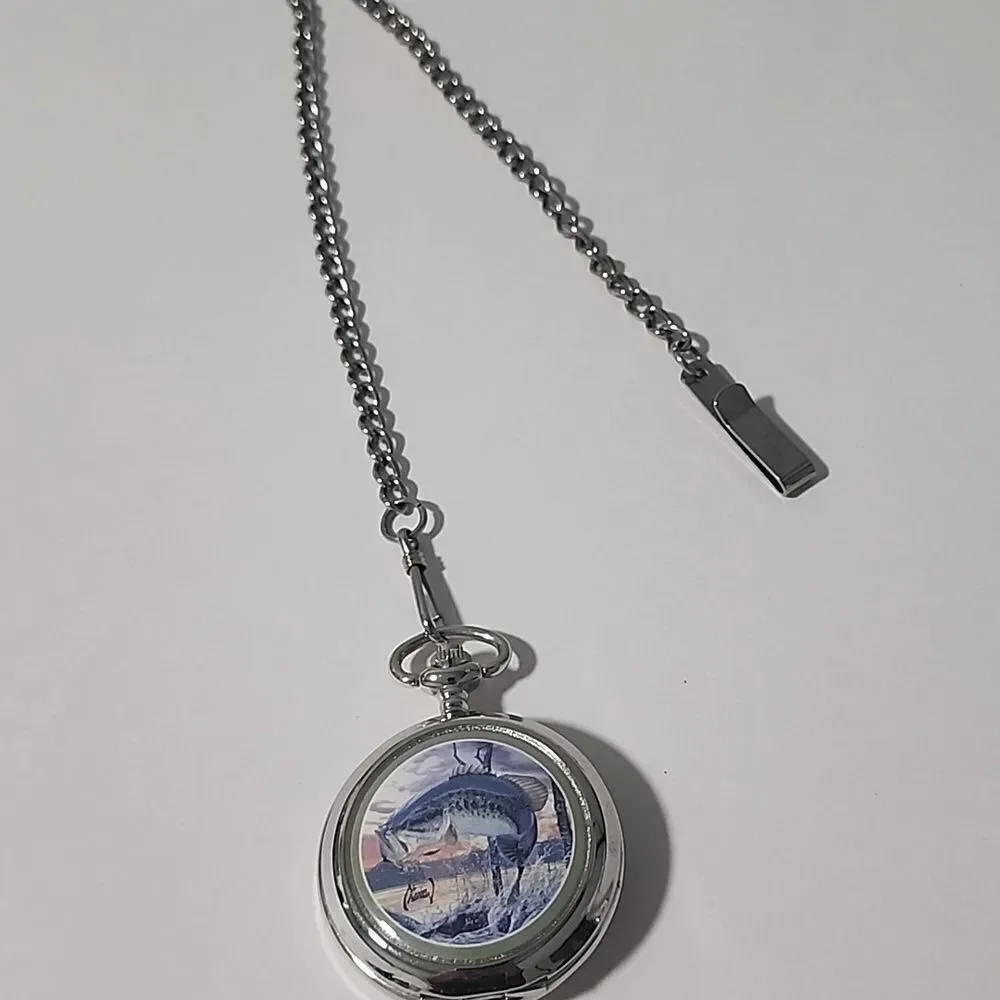 Al Agnew Bass Quartz Men's Pocket Watch WITH Chain Silver Tone